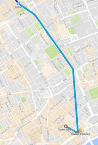 A map showing the route taken from the train station to the hotel
