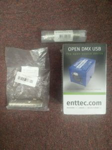 The USB-to-DMX controller and XLR adaptors