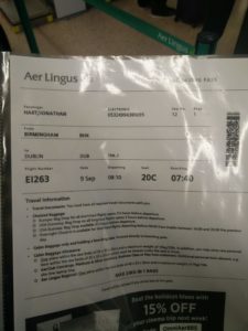 My boarding card for the Birmingham to Dublin stage of our journey