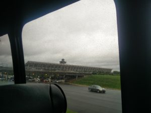 Looking back at the terminal building of Washington Dulles Airport from the minibus