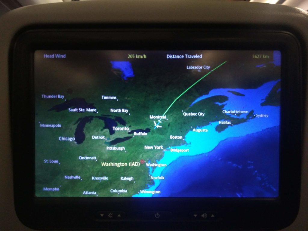 The flight map showing us over the border between Canada and the United States of America