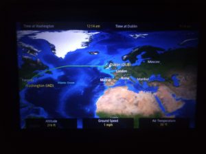 The map on the plane screen showing the plane stopped at Dublin Airport