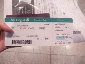 A boarding pass for the flight from Dublin to Birmingham