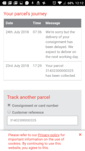 A screenshot saying my delivery had been delayed