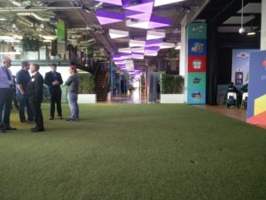 A view down one way of the long corridor at the Plexal building