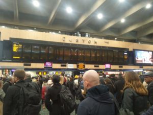 The display boards at London Euston station showing only one train leaving