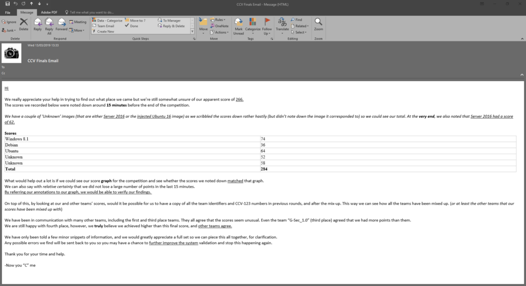 The email that our team sent to the people behing the CybderCenturion competition to ask for the scores to be looked at again
